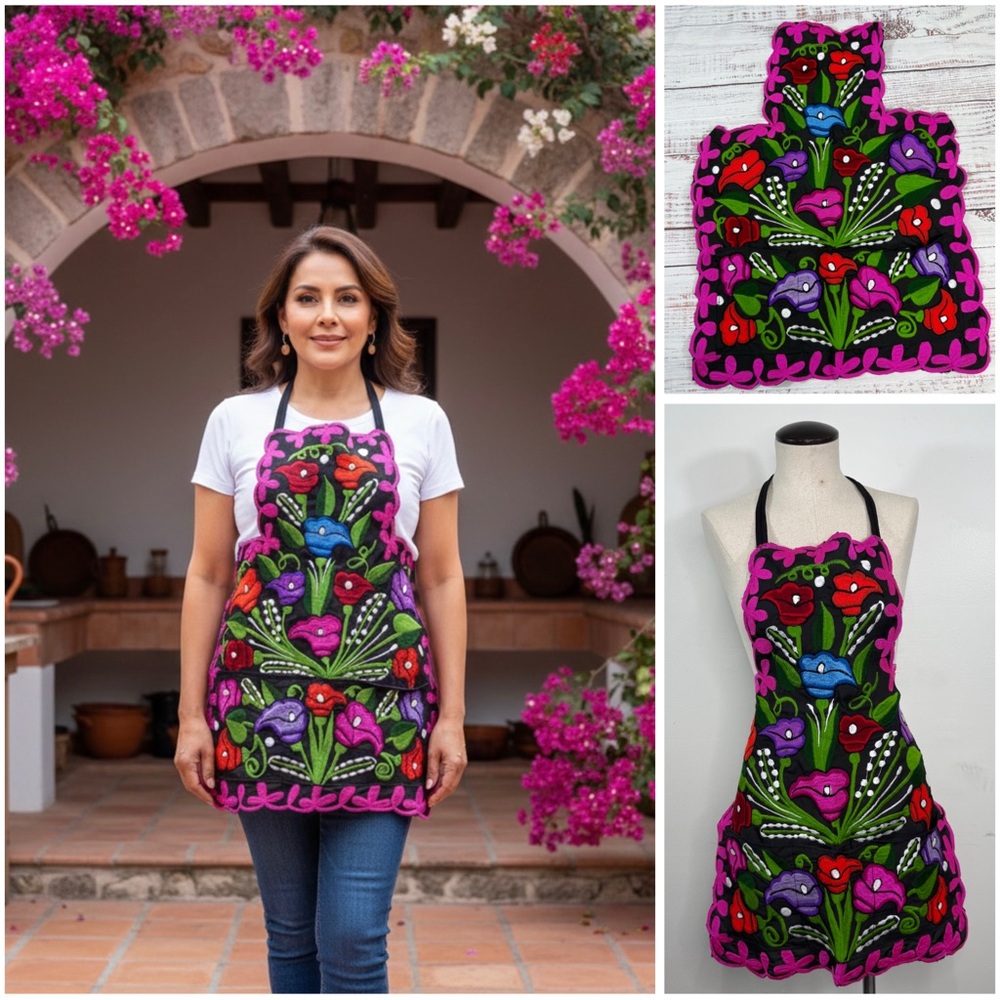 Mexican Embroidered Colorful Floral Zinacantan Artisan Apron with Pink Trim
